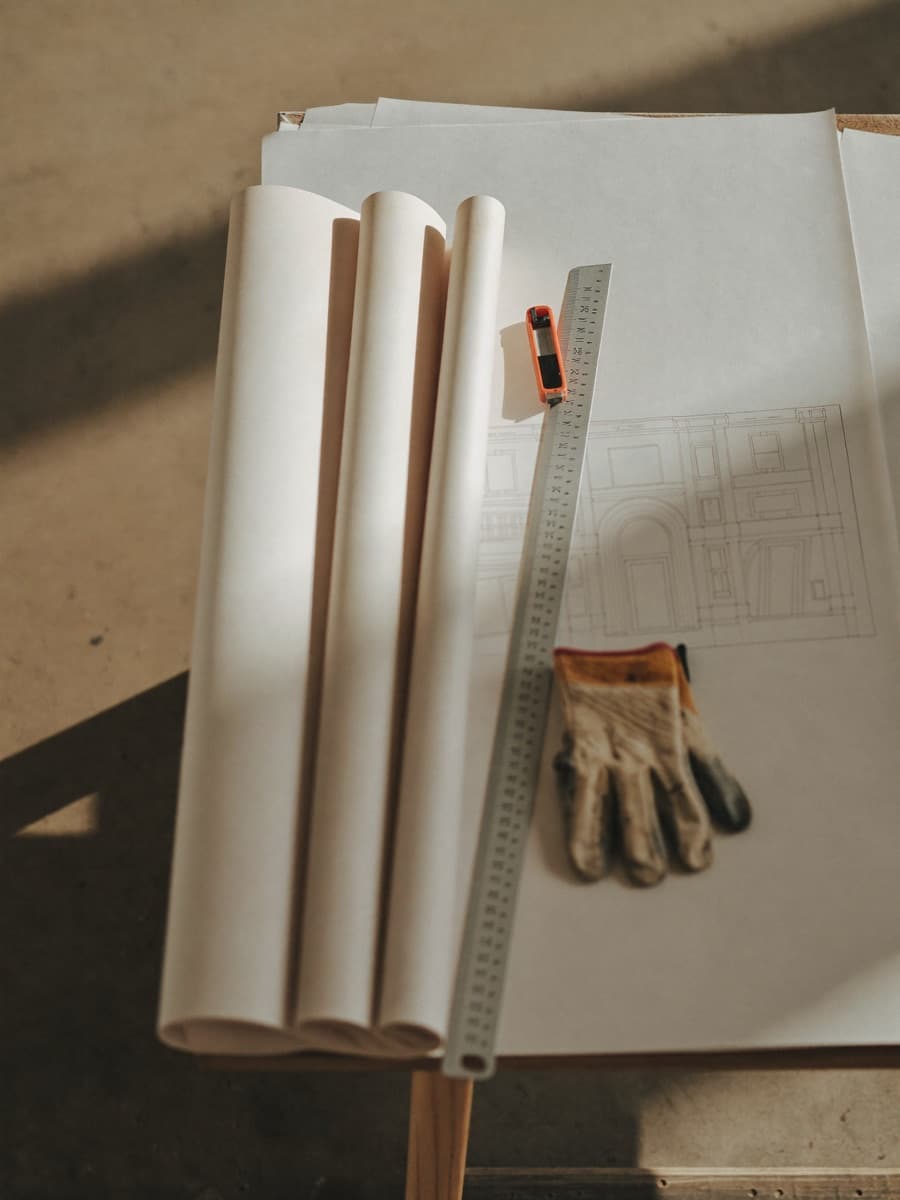 Rolled drawings, a steel ruler, and a work glove on a drafting table